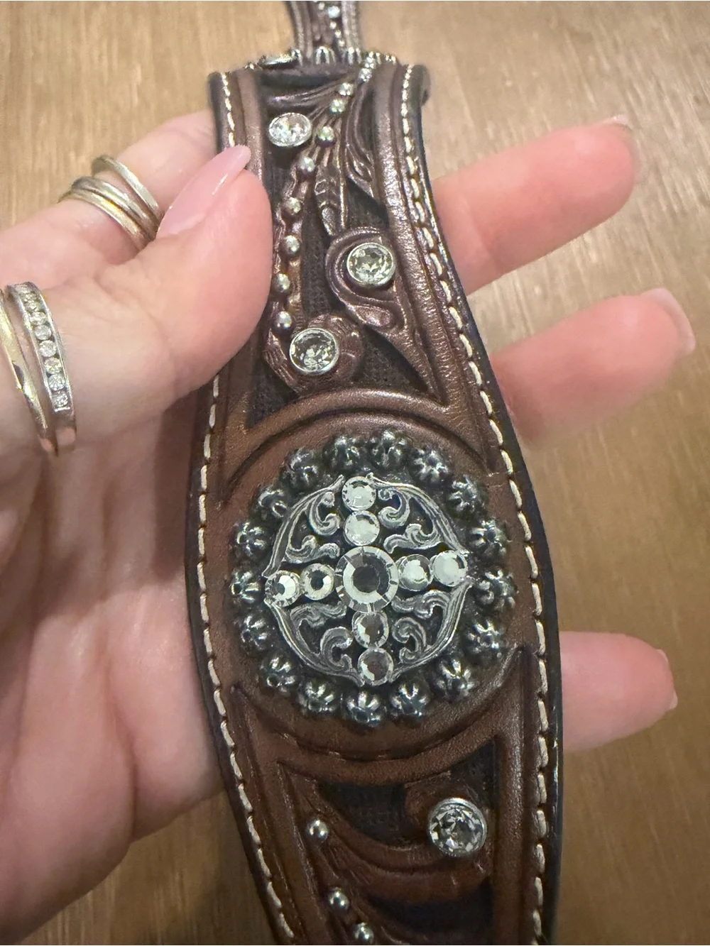 Ariat Western Embossed Tooled Brown Leather Belt with Concho Accents M